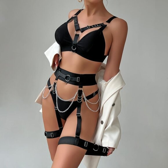 Women 1-black Naughty 5 Piecs Lace Garter Belt Bodydoll Lingerie Set With Chain - Picture 9 of 9